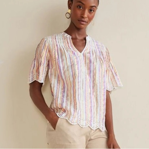 Soft Surroundings Ciel Metallic Stripe Eyelet Top Size L Petite - Picture 1 of 8